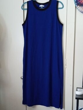 Calvin Klein Cobalt Blue Sleeveless Midi Dress Black Trim Cotton Blend Large